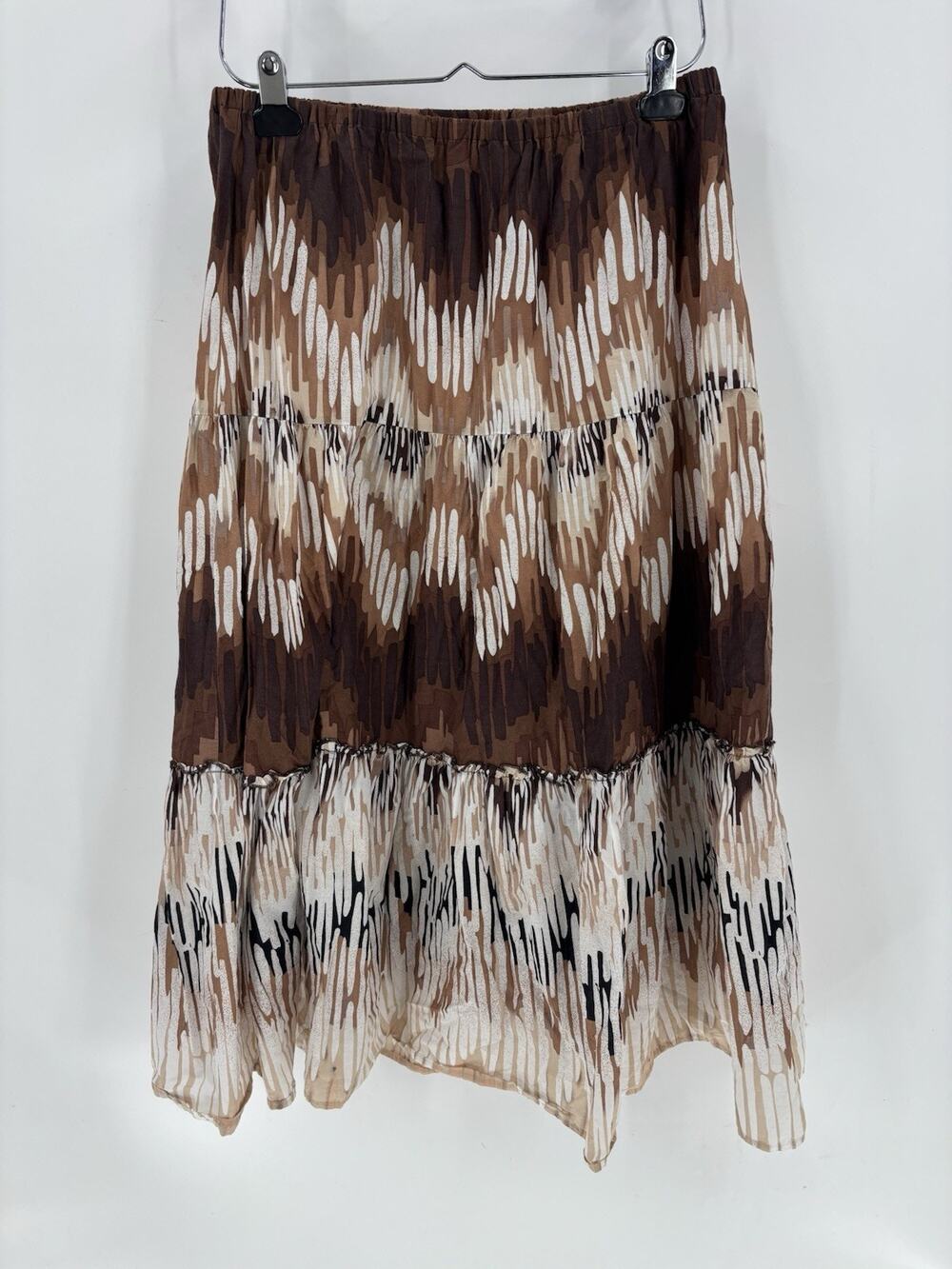 Covington Abstract Skirt Womens Small Brown White Midi Stretchy Tiered Cotton
